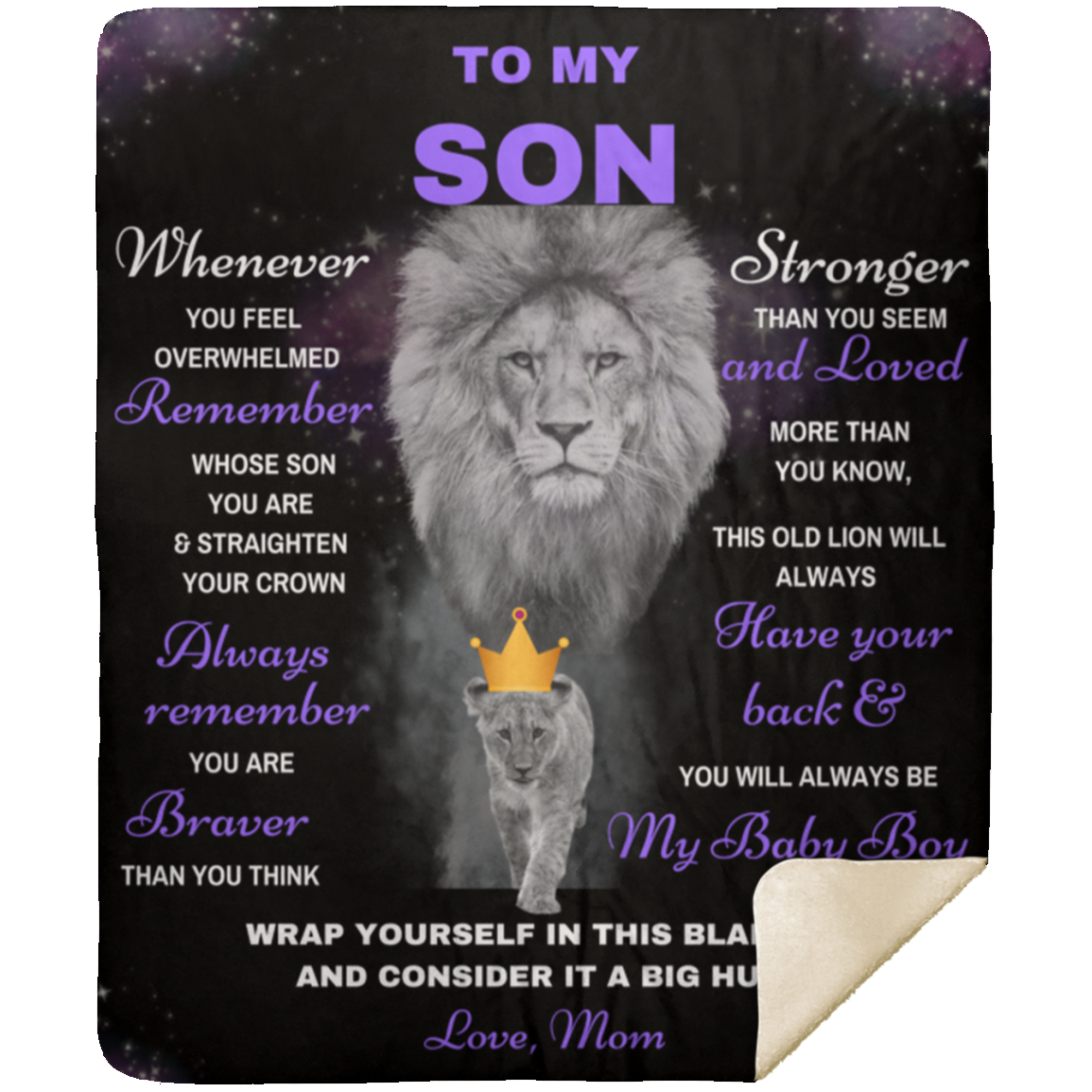 Son Lion Blanket Gift, from Mom - Black w/ Purple (Choose Size and Style)