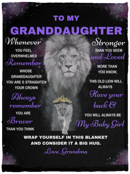Granddaughter Lion Blanket Gift, From Grandma- Black w/ Purple (Choose Size and Style)
