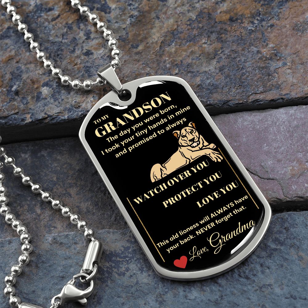 Dog Tag Necklace, GIFT TO GRANDSON from Grandma - Lioness Black