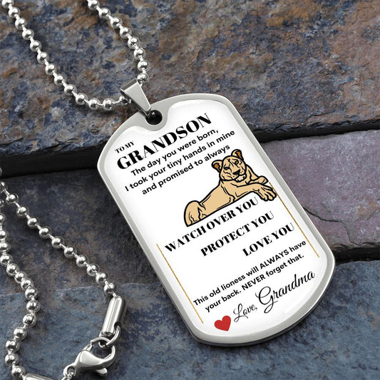 Dog Tag Necklace, GIFT TO GRANDSON from Grandma - Lioness White