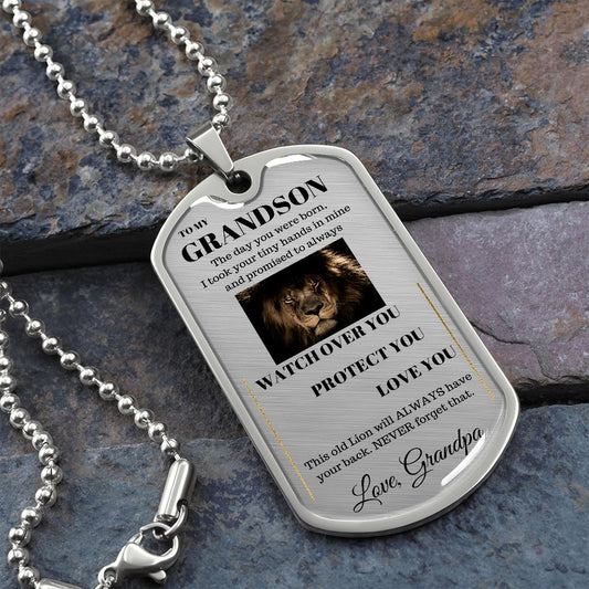 Dog Tag Necklace, GIFT TO GRANDSON from Grandpa - Lion Silver or Gold