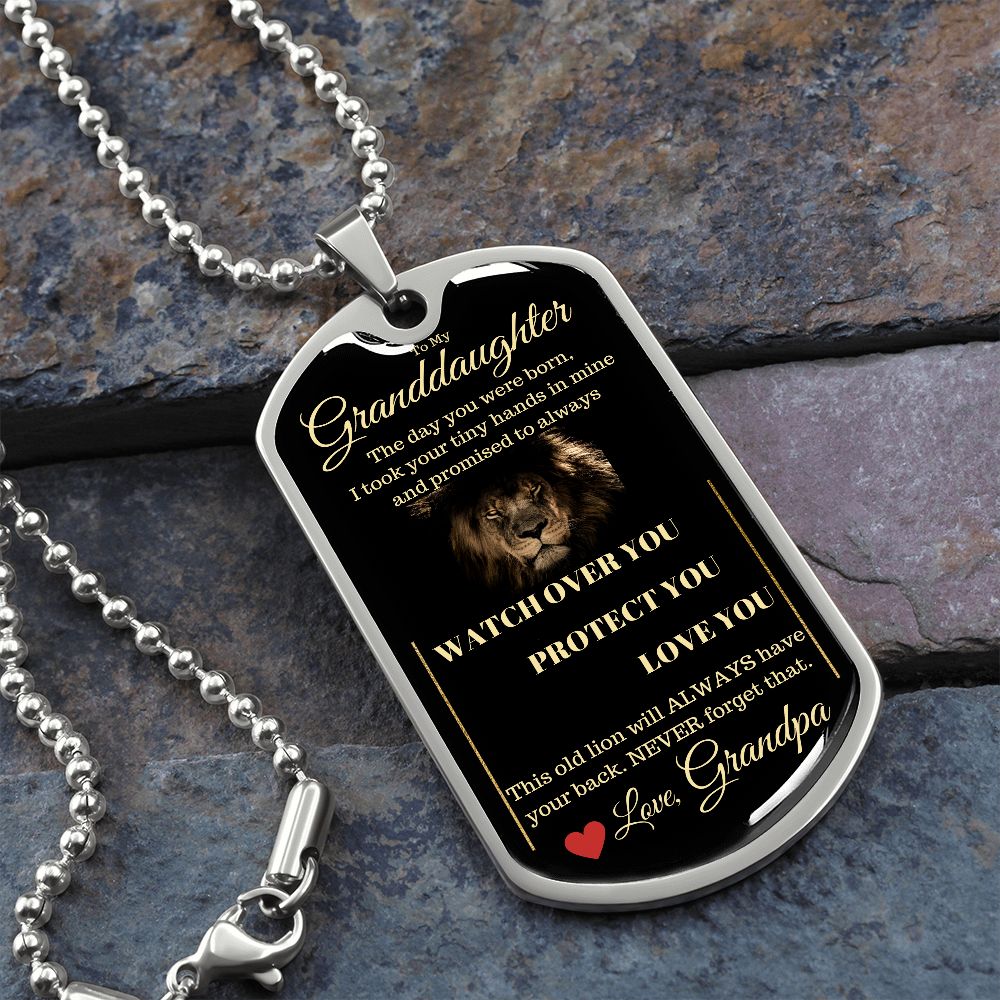 Dog Tag Necklace, GIFT TO GRANDDAUGHTER from Grandpa - Lion Black