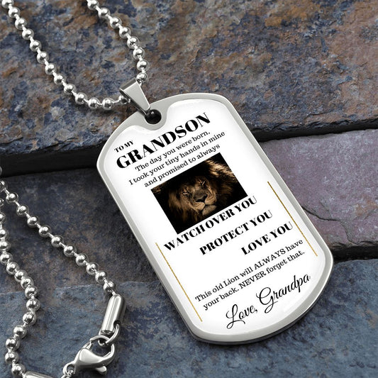 Dog Tag Necklace, GIFT TO GRANDSON from Grandpa - Lion White
