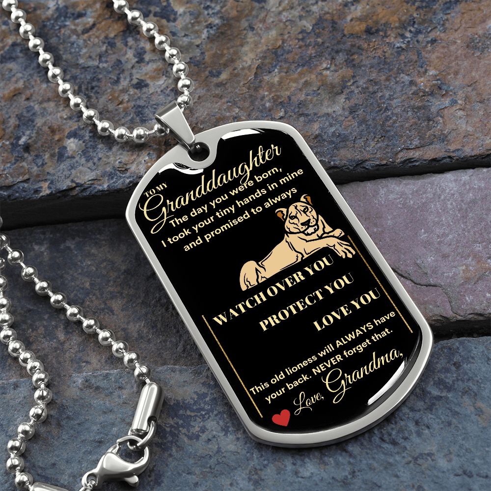 Dog Tag Necklace, GIFT TO GRANDDAUGHTER from Grandma - Lioness Black