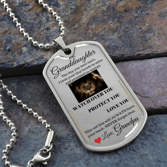 Dog Tag Necklace, GIFT TO GRANDDAUGHTER from Grandpa - Lion Silver or Gold