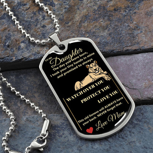 Dog Tag Necklace, GIFT TO DAUGHTER from Mom - Lioness Black