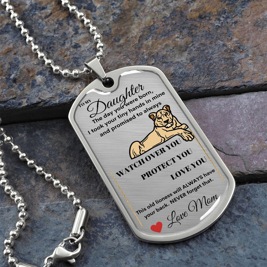 Dog Tag Necklace, GIFT TO DAUGHTER from Mom - Lioness Silver