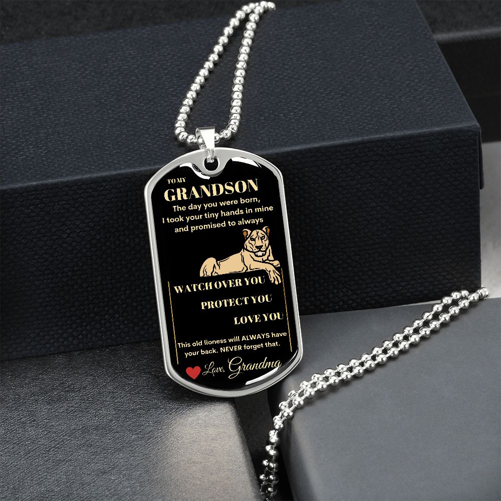 Dog Tag Necklace, GIFT TO GRANDSON from Grandma - Lioness Black