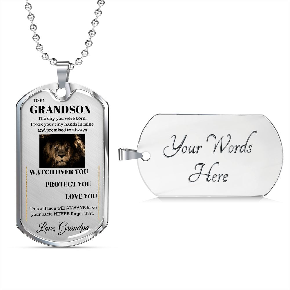 Dog Tag Necklace, GIFT TO GRANDSON from Grandpa - Lion Silver or Gold
