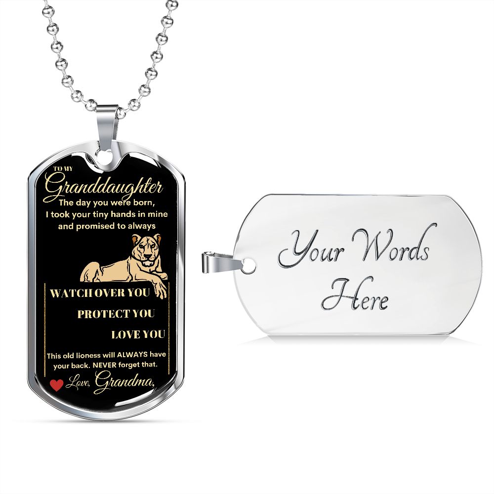 Dog Tag Necklace, GIFT TO GRANDDAUGHTER from Grandma - Lioness Black