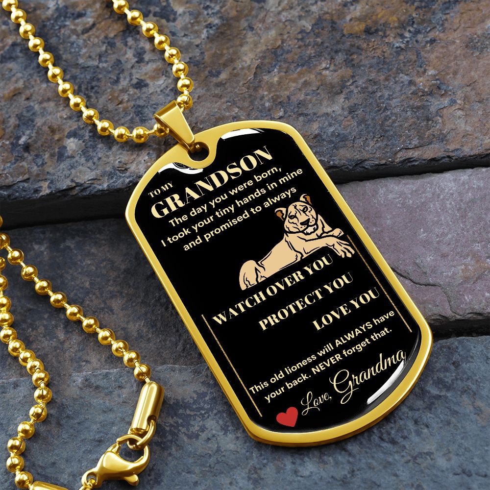 Dog Tag Necklace, GIFT TO GRANDSON from Grandma - Lioness Black