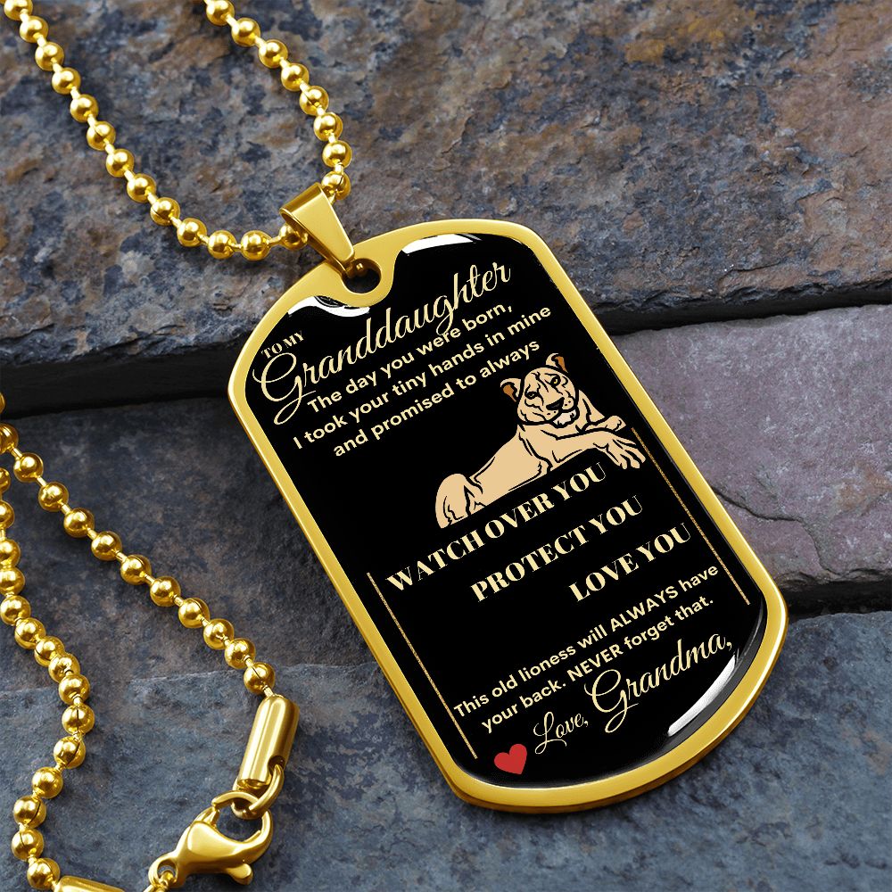 Dog Tag Necklace, GIFT TO GRANDDAUGHTER from Grandma - Lioness Black