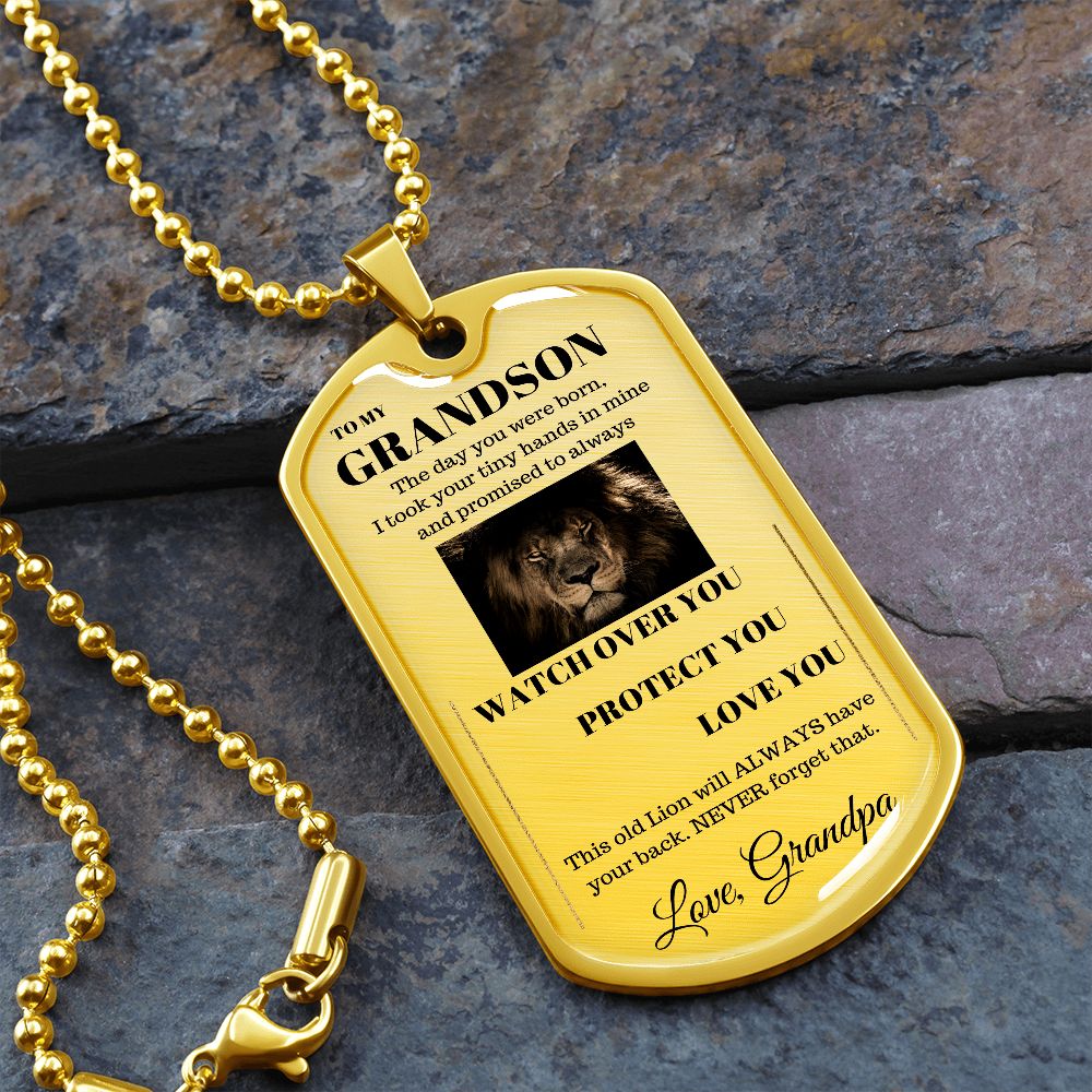 Dog Tag Necklace, GIFT TO GRANDSON from Grandpa - Lion Silver or Gold
