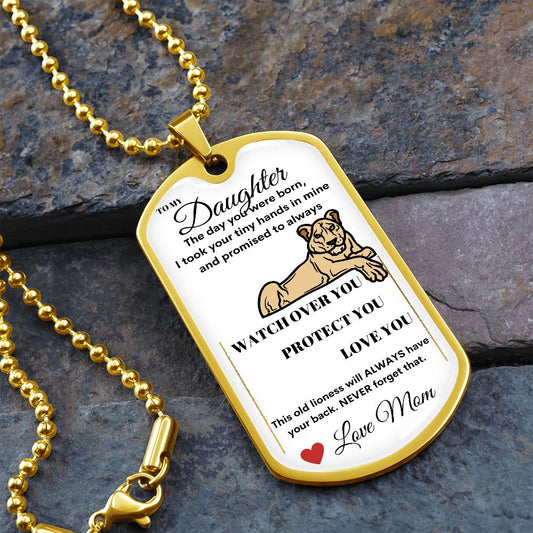 Dog Tag Necklace, GIFT TO DAUGHTER from Mom - Lioness White