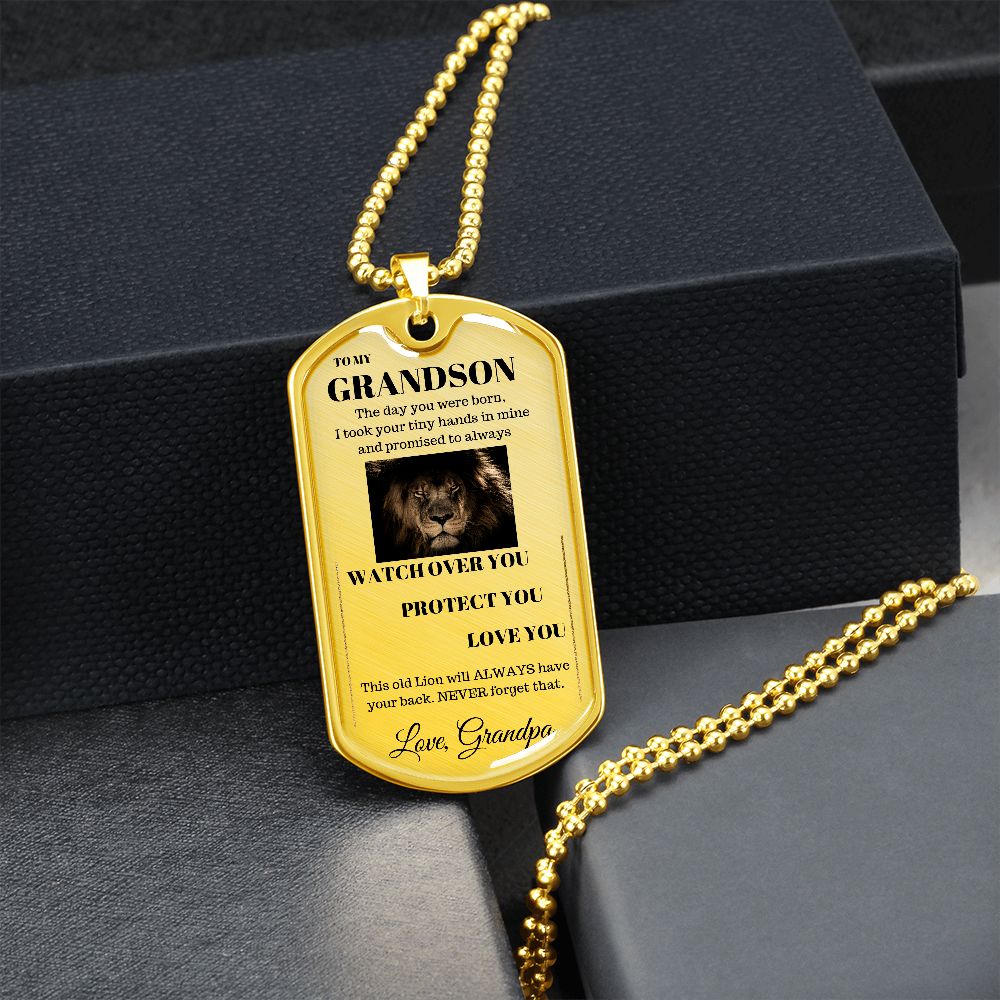 Dog Tag Necklace, GIFT TO GRANDSON from Grandpa - Lion Silver or Gold