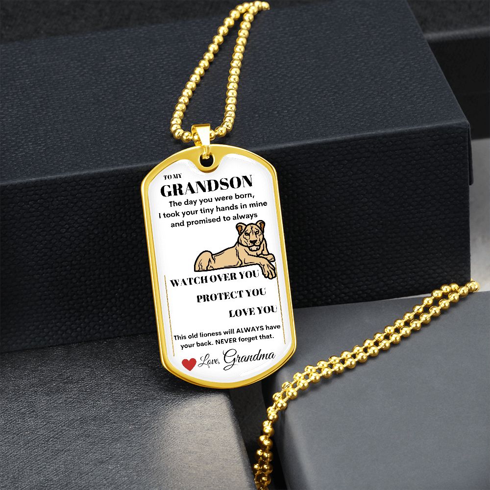 Dog Tag Necklace, GIFT TO GRANDSON from Grandma - Lioness White