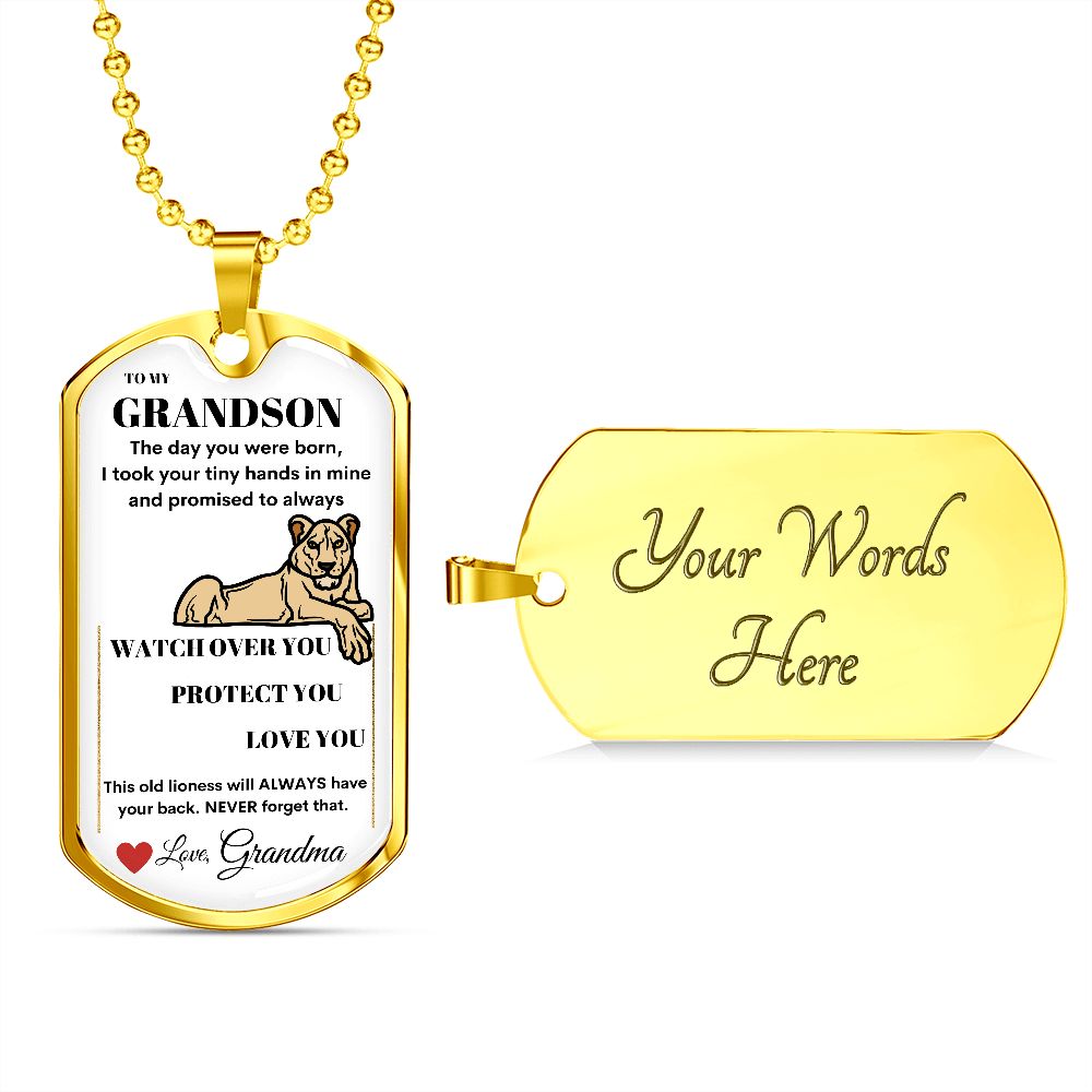Dog Tag Necklace, GIFT TO GRANDSON from Grandma - Lioness White