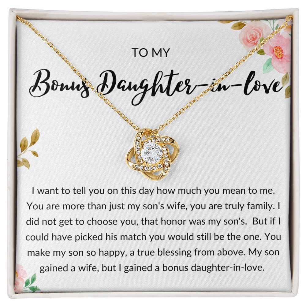 Bonus Daughter in Love Gift, Daughter in Law Necklace - Wedding, Engagement, Birthday, from Mother in Law or Father in Law - Love Knot Necklace