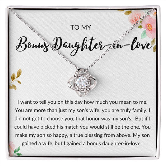 Bonus Daughter in Love Gift, Daughter in Law Necklace - Wedding, Engagement, Birthday, from Mother in Law or Father in Law - Love Knot Necklace
