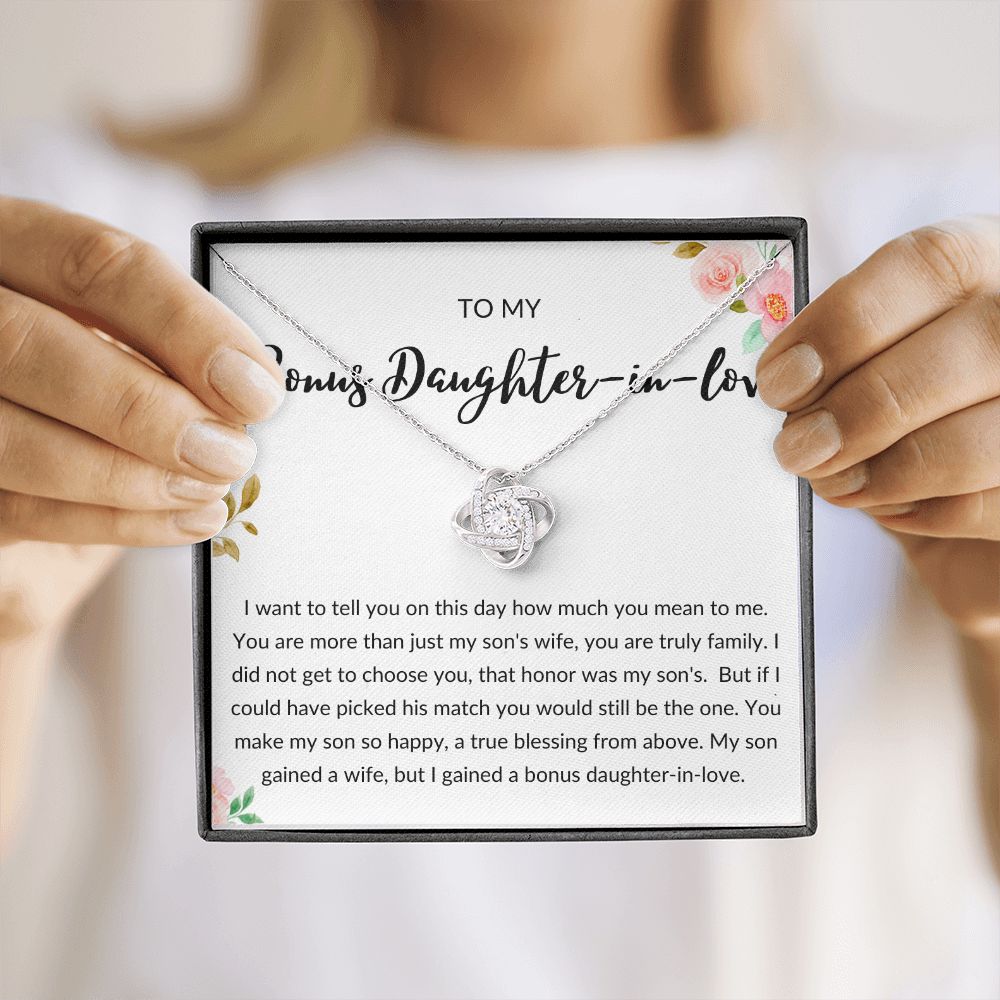 Bonus Daughter in Love Gift, Daughter in Law Necklace - Wedding, Engagement, Birthday, from Mother in Law or Father in Law - Love Knot Necklace