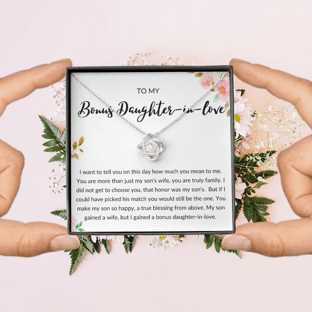 Bonus Daughter in Love Gift, Daughter in Law Necklace - Wedding, Engagement, Birthday, from Mother in Law or Father in Law - Love Knot Necklace