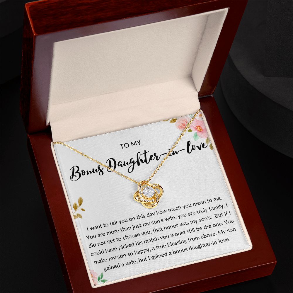 Bonus Daughter in Love Gift, Daughter in Law Necklace - Wedding, Engagement, Birthday, from Mother in Law or Father in Law - Love Knot Necklace