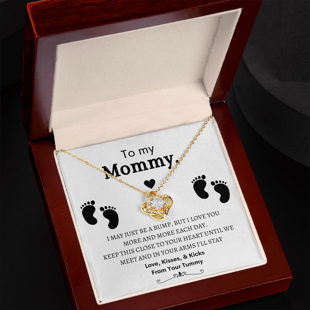 To My Mommy, Mom to Be, Pregnancy Baby Shower Gift, Mothers Day, Baby Feet - Love Knot Necklace - 14k and 18K over stainless less pendant