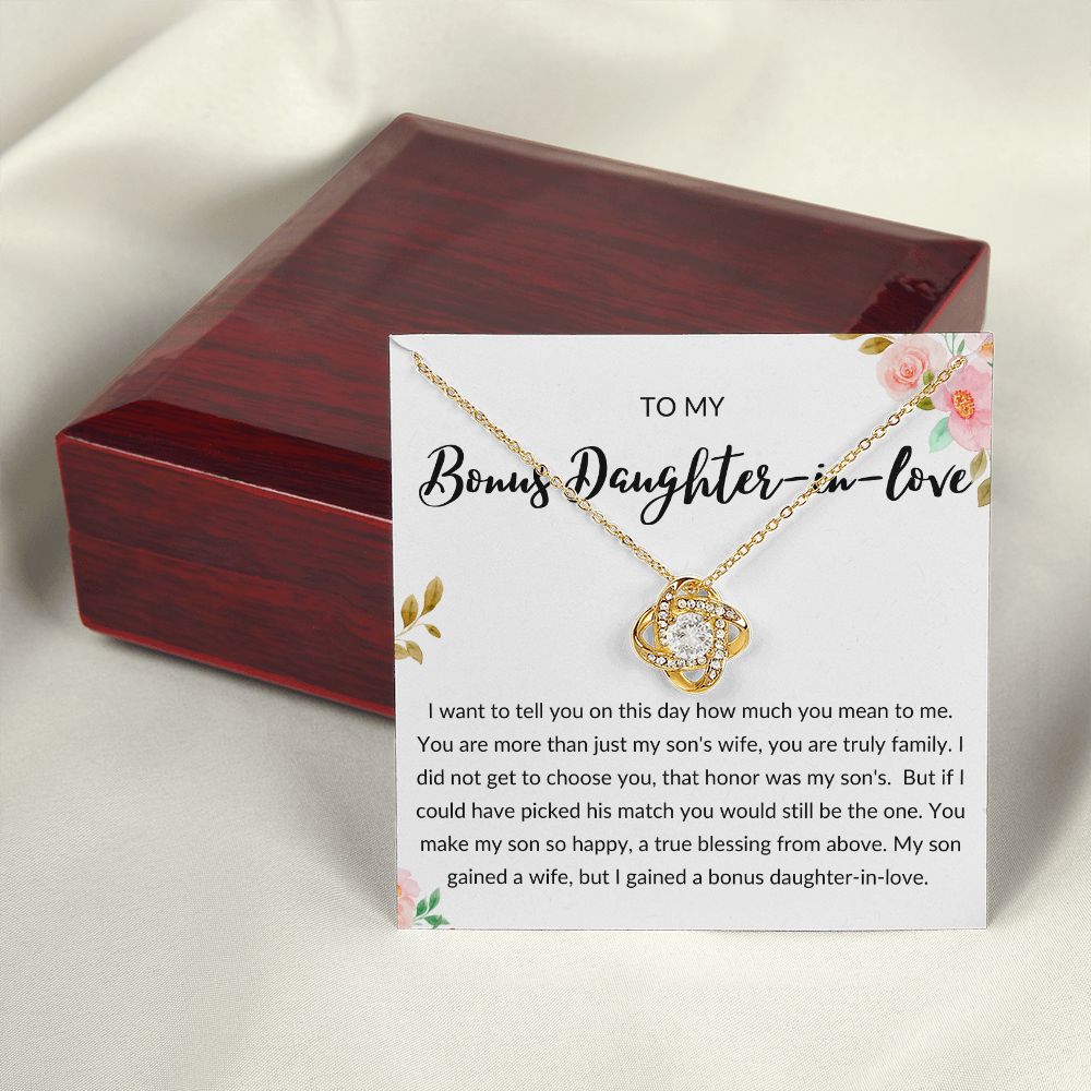 Bonus Daughter in Love Gift, Daughter in Law Necklace - Wedding, Engagement, Birthday, from Mother in Law or Father in Law - Love Knot Necklace