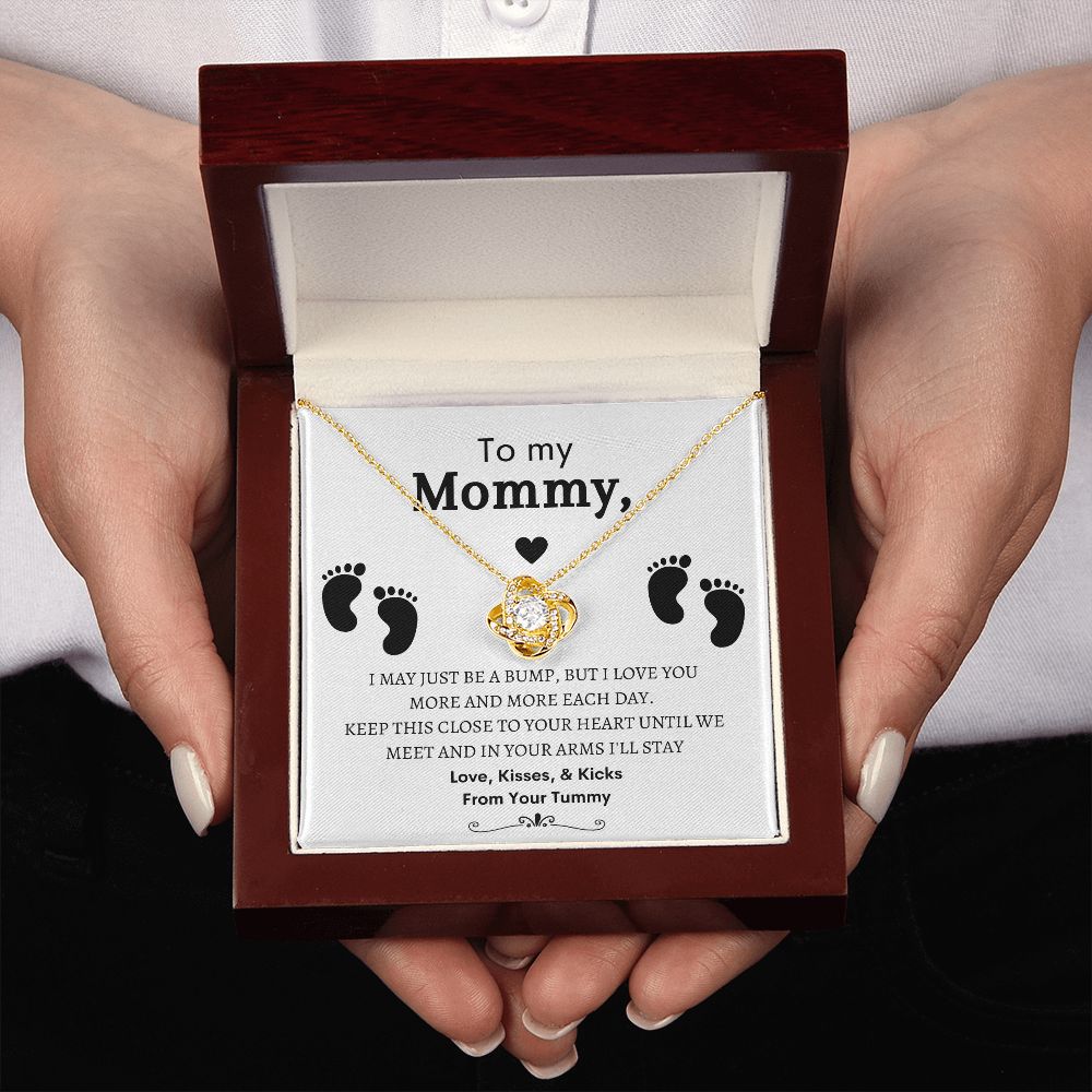 To My Mommy, Mom to Be, Pregnancy Baby Shower Gift, Mothers Day, Baby Feet - Love Knot Necklace - 14k and 18K over stainless less pendant