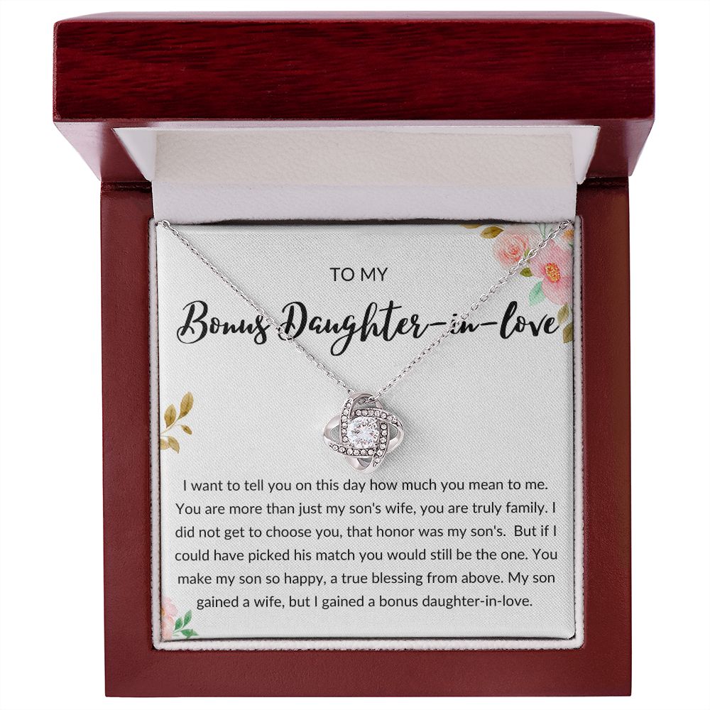 Bonus Daughter in Love Gift, Daughter in Law Necklace - Wedding, Engagement, Birthday, from Mother in Law or Father in Law - Love Knot Necklace