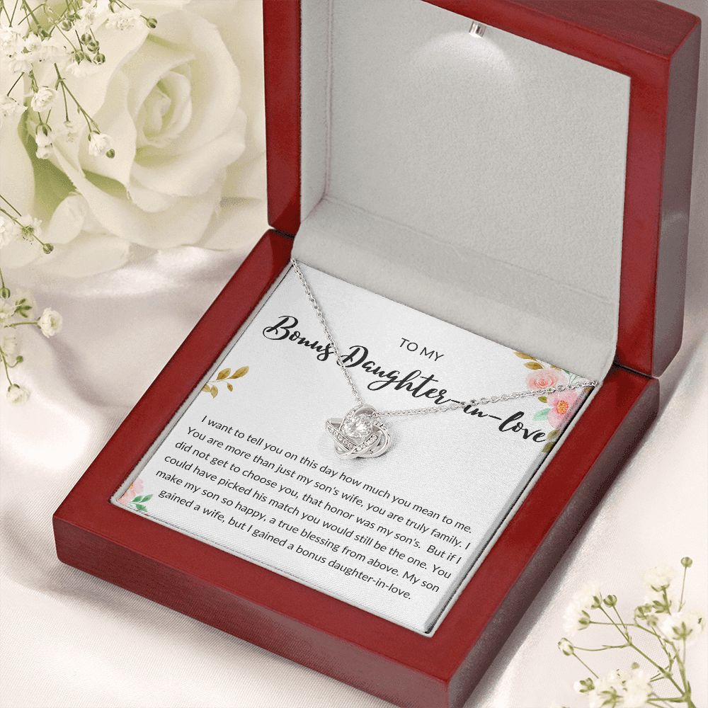 Bonus Daughter in Love Gift, Daughter in Law Necklace - Wedding, Engagement, Birthday, from Mother in Law or Father in Law - Love Knot Necklace