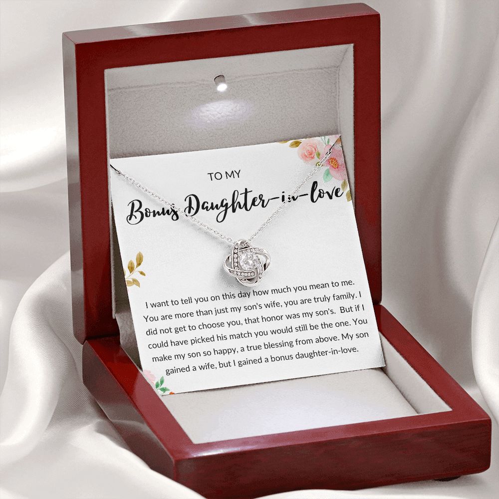 Bonus Daughter in Love Gift, Daughter in Law Necklace - Wedding, Engagement, Birthday, from Mother in Law or Father in Law - Love Knot Necklace