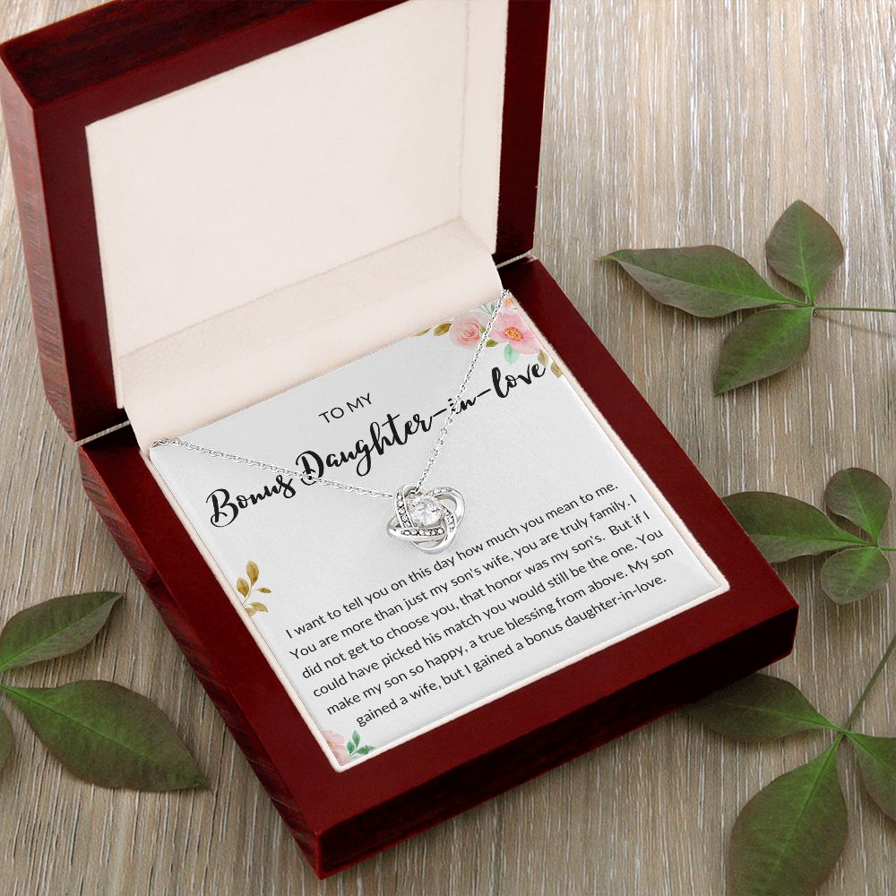 Bonus Daughter in Love Gift, Daughter in Law Necklace - Wedding, Engagement, Birthday, from Mother in Law or Father in Law - Love Knot Necklace