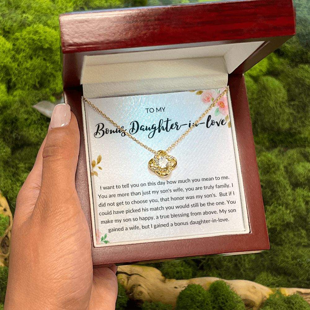 Bonus Daughter in Love Gift, Daughter in Law Necklace - Wedding, Engagement, Birthday, from Mother in Law or Father in Law - Love Knot Necklace