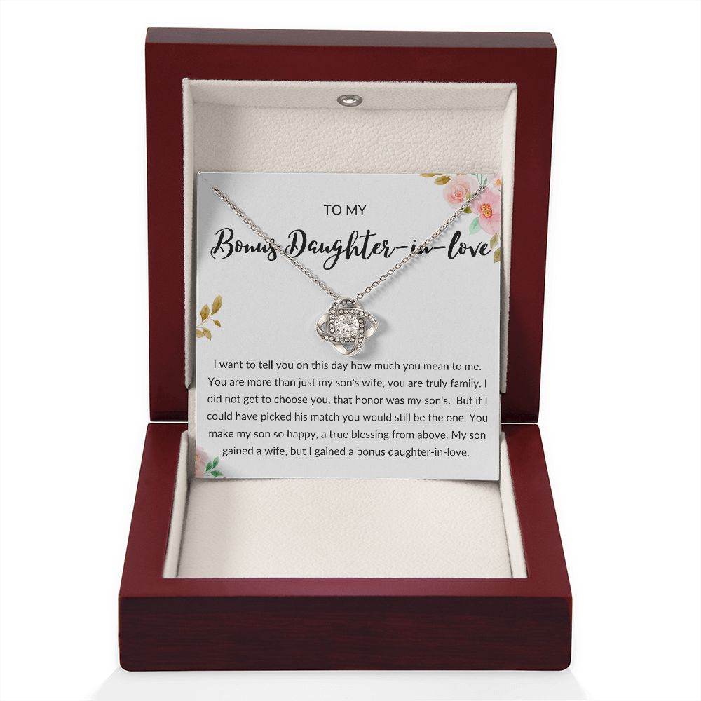 Bonus Daughter in Love Gift, Daughter in Law Necklace - Wedding, Engagement, Birthday, from Mother in Law or Father in Law - Love Knot Necklace