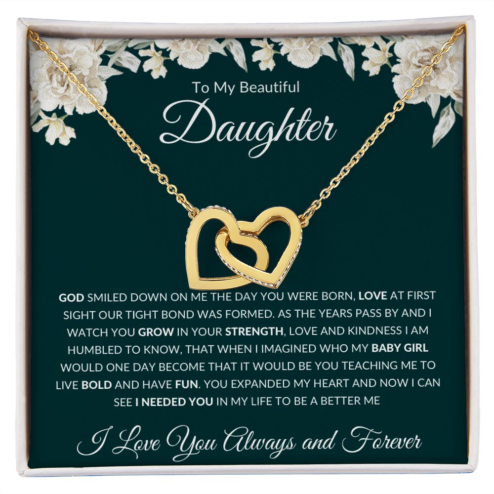 Interlocking Hearts Necklace, GIFT TO MY BEAUTIFUL DAUGHTER POEM from Mom Or Dad - Special Bond