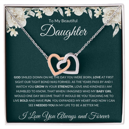 Interlocking Hearts Necklace, GIFT TO MY BEAUTIFUL DAUGHTER POEM from Mom Or Dad - Special Bond