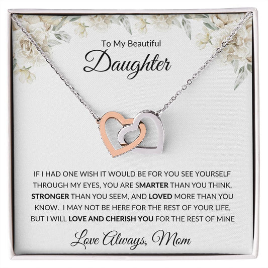 Interlocking Heart Necklace, GIFT TO DAUGHTER from Mom - Beautiful Daughter white flowers