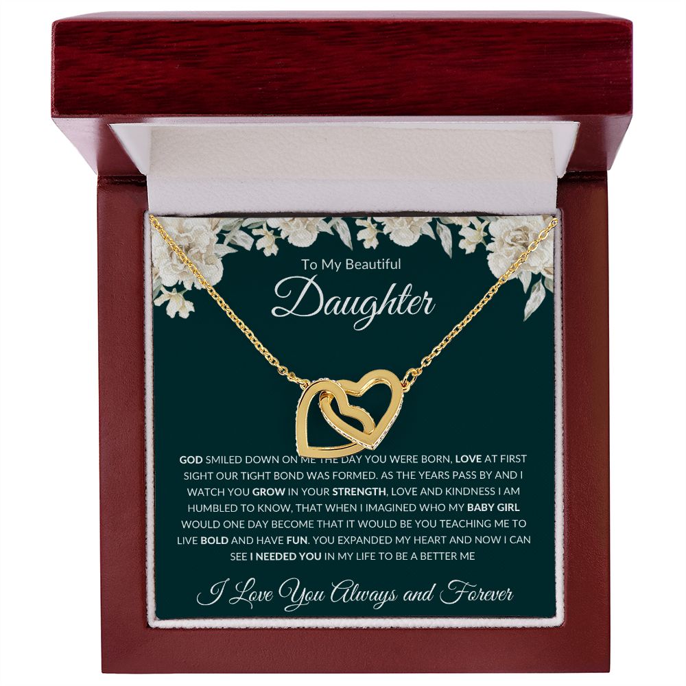 Interlocking Hearts Necklace, GIFT TO MY BEAUTIFUL DAUGHTER POEM from Mom Or Dad - Special Bond