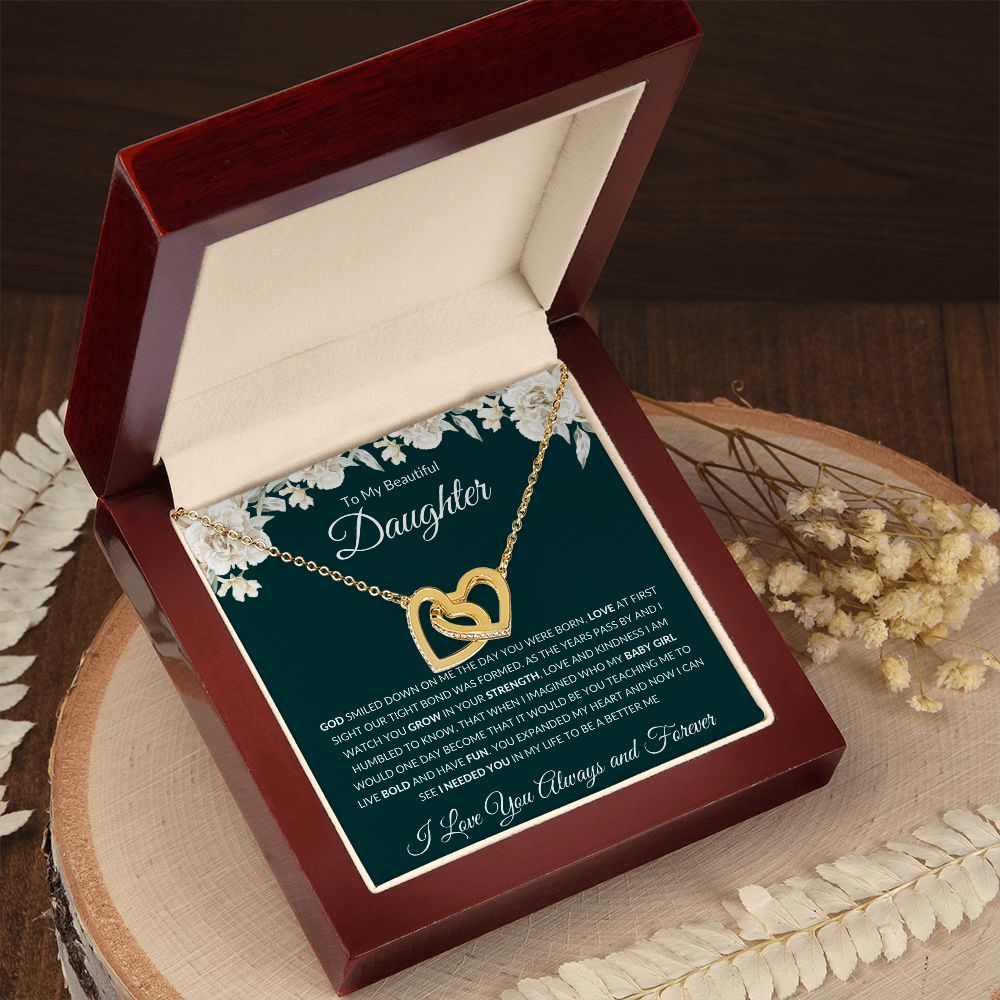 Interlocking Hearts Necklace, GIFT TO MY BEAUTIFUL DAUGHTER POEM from Mom Or Dad - Special Bond