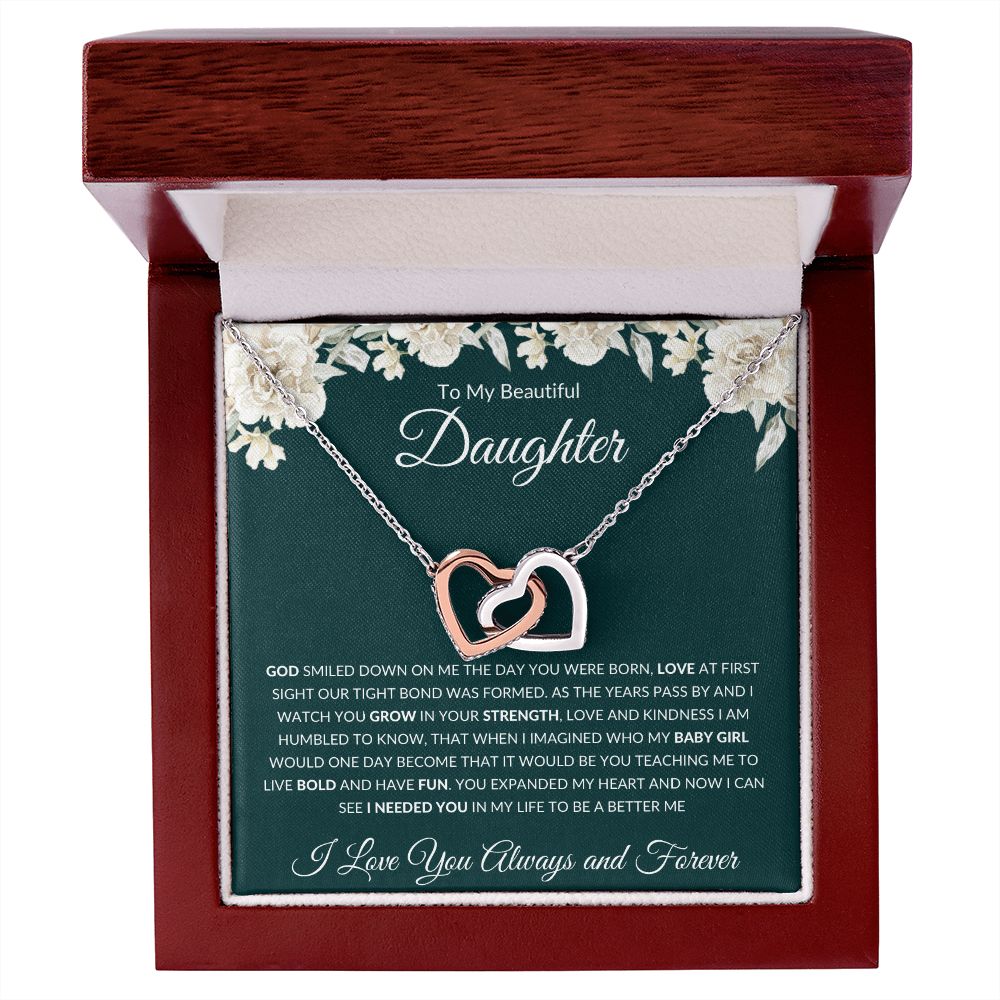 Interlocking Hearts Necklace, GIFT TO MY BEAUTIFUL DAUGHTER POEM from Mom Or Dad - Special Bond